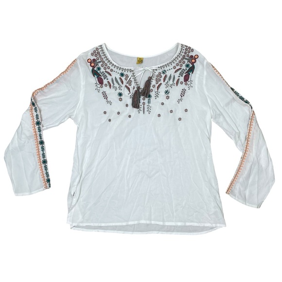 Raj Womens Blouse Embroidered Bohemian Tasseled Long Sleeve Top XL White Floral - Picture 1 of 10
